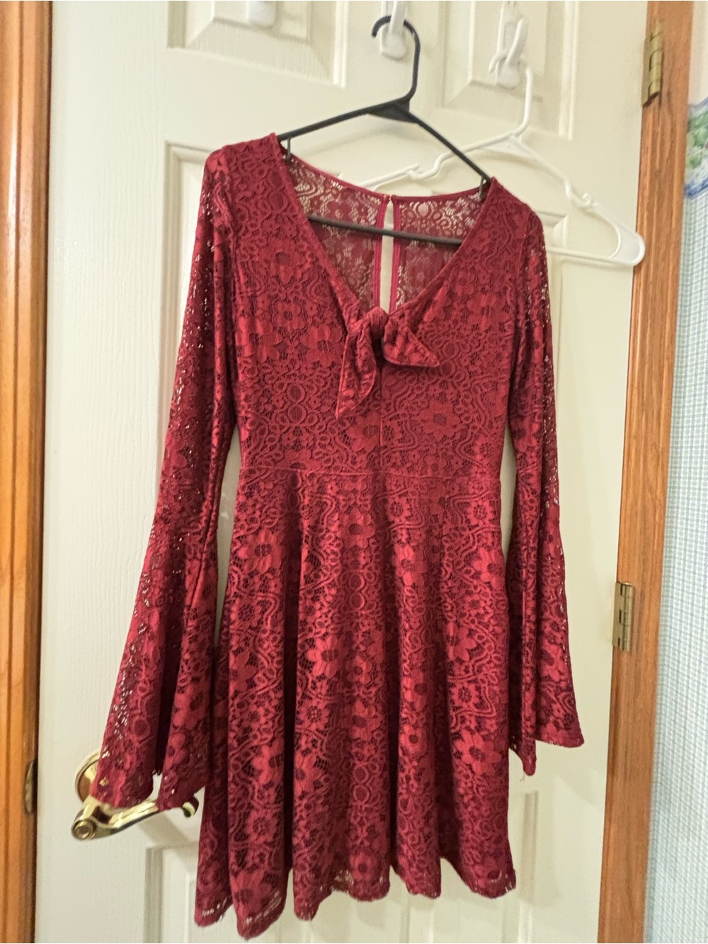 Hollister Burgundy Lace Long-Sleeve Tie-Front Dress